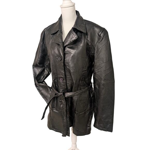 Canyon Creek Vintage Black Leather Belted Button-Up Women's Coat Jacket Patch XL - Picture 3 of 5